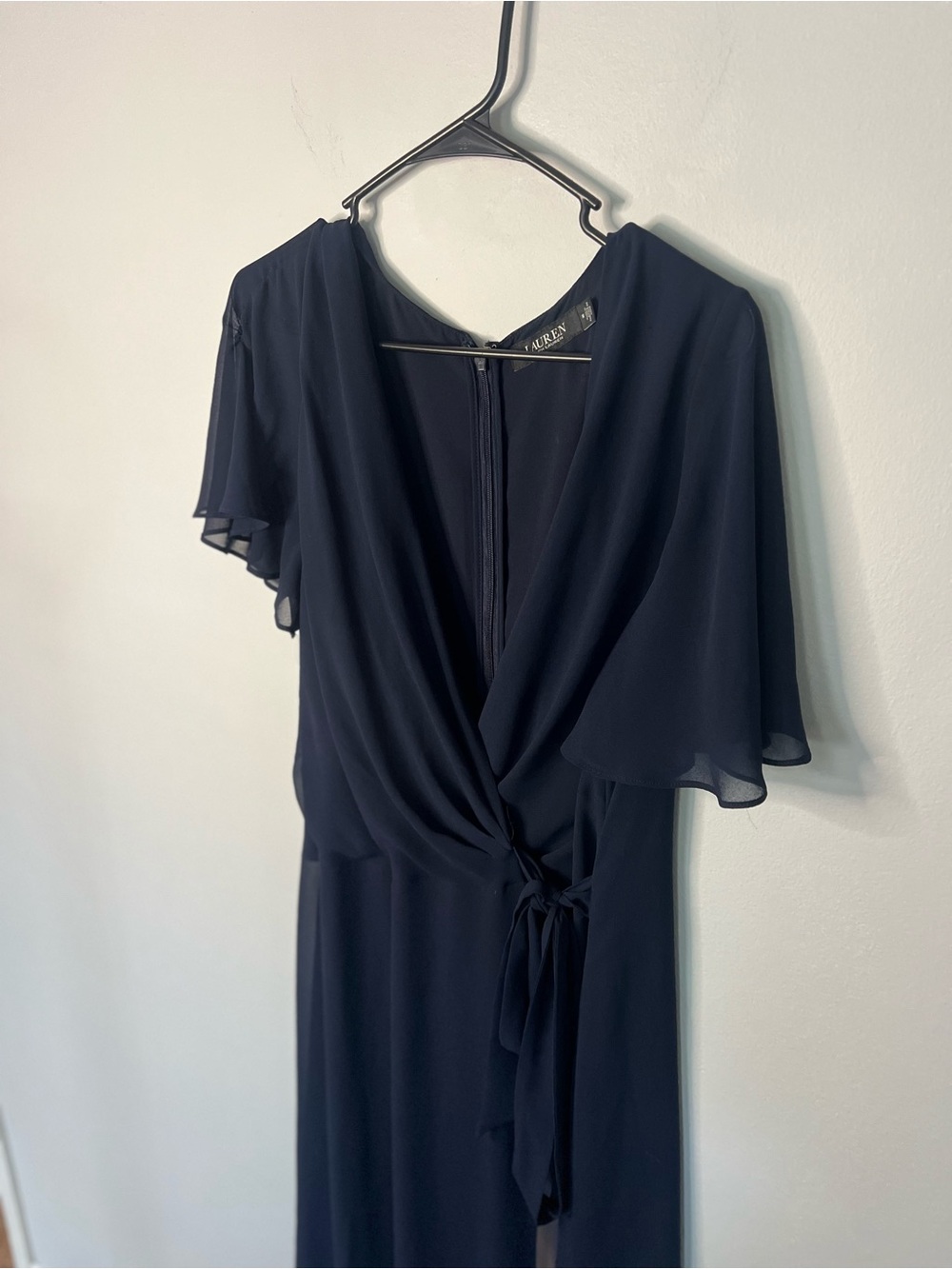 Ralph Lauren Navy Wrap Midi  with Flutter Sleeves Belted Georgette Dress size 14 - Picture 5 of 13